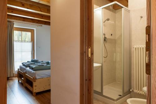 a bathroom with a shower and a bed and a tub at La Culla Stube in Padola
