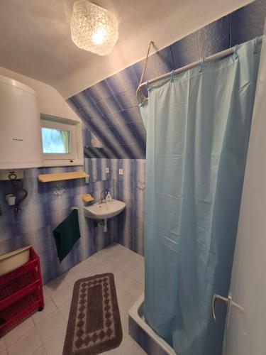 a bathroom with a shower and a sink at Ország Apartmanház in Zalakaros