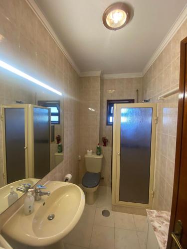 a bathroom with a sink and a toilet and a shower at Casa Boa Nova Valadares in Valadares