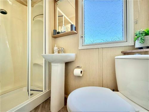 a bathroom with a toilet and a sink and a shower at Dale 12 in Burgh Island
