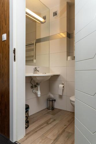 a bathroom with a sink and a toilet at Panorama in Okuninka