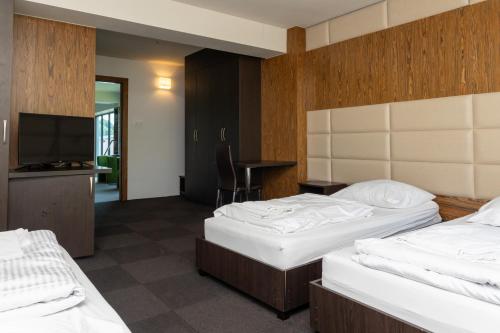 a hotel room with two beds and a television at Panorama in Okuninka