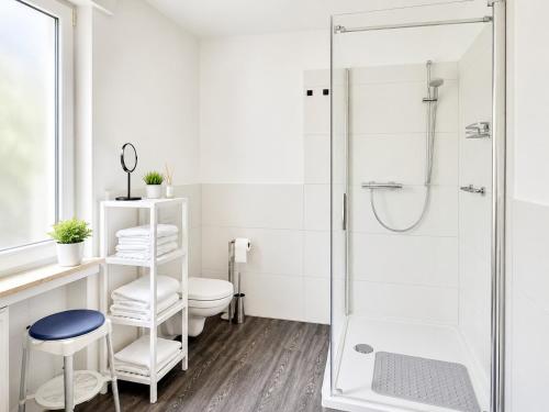 a white bathroom with a shower and a toilet at Haus Sigge Ferienwohnungen in Bad Sassendorf