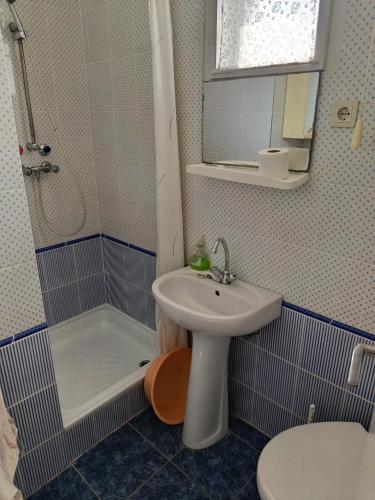 a bathroom with a sink and a shower and a toilet at Árvácska Nyaraló in Balatonmáriafürdő