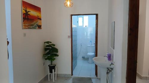 a bathroom with a toilet and a sink and a mirror at Hermit Homes in Mombasa