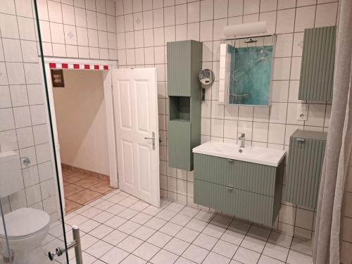 a bathroom with a toilet and a sink at Ferienwohnung Jüngling in Neumagen-Dhron