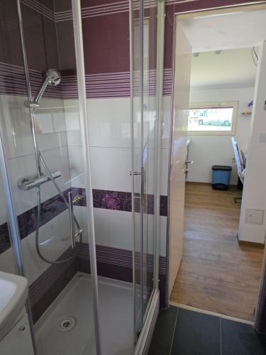 a bathroom with a shower and a sink at Spa Cottage Lavender in Terme Čatež in Čatež ob Savi