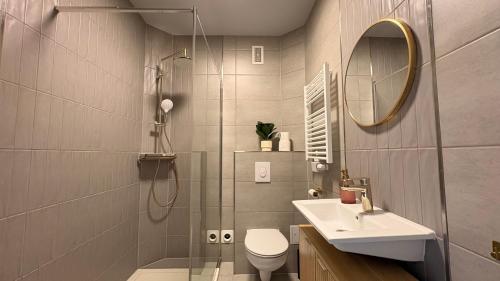 a bathroom with a shower and a toilet and a sink at BrunnenApart Nova in Bad Oeynhausen
