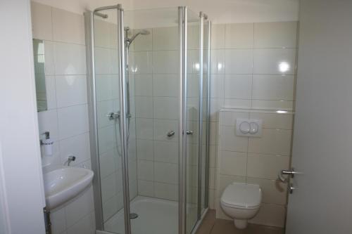a bathroom with a shower and a toilet and a sink at Pension am Sundhäuser See in Nordhausen
