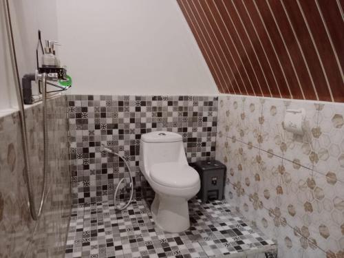 a bathroom with a toilet and a shower at Galuh Hostel Lombok in Pawenang
