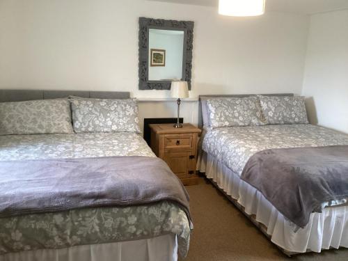 a bedroom with two beds and a mirror and a night stand at Anne’s Thatched Cottage in Kilcar