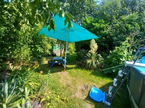 a blue chair and an umbrella in a yard at Toplocatie voor je workshop! Of grote gezin! Zwembad! in Hurwenen