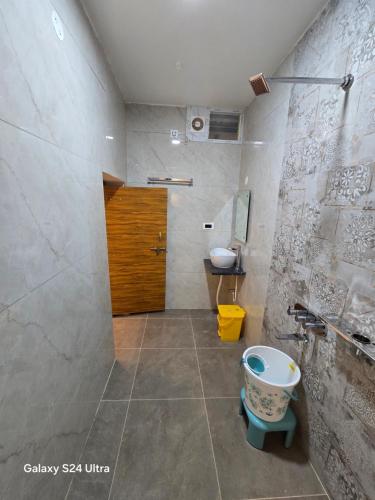 a bathroom with a toilet and a wooden door at TEMPLE VIEW GUEST HOUSE in Hampi