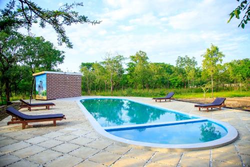 a swimming pool with two benches and a picnic table at FRAPG camp and lodge in Mikumi
