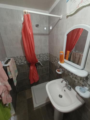 a bathroom with a sink and a mirror and a shower at Maison Kram Plage in Le Kram