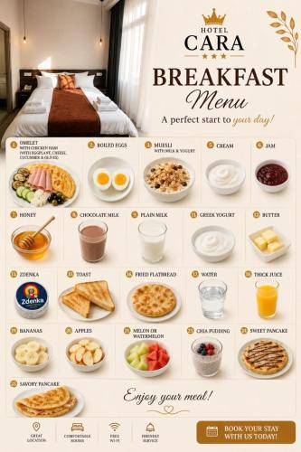 a poster of breakfast meals in a hotel room at Hotel Cara 28 in Skopje