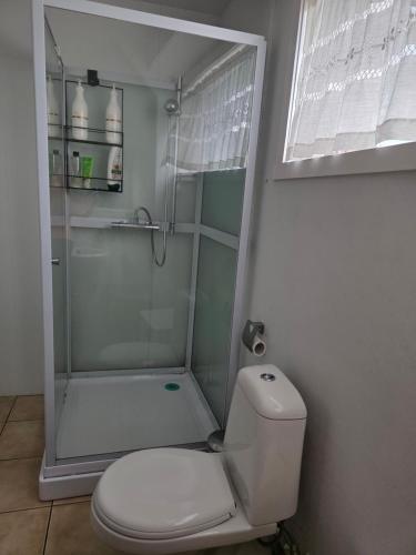 a white bathroom with a shower and a toilet at Kríukot íbúð in Hólmavík