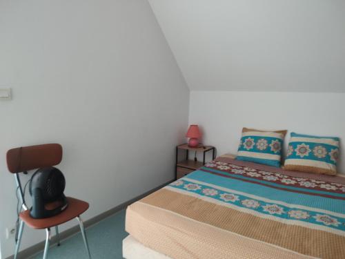 a bedroom with a bed and a chair at Le Nid Douillet in Saint-Berthevin-sur-Vicoin