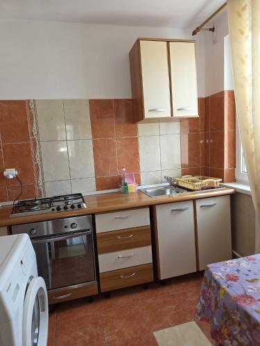 a small kitchen with a stove and a sink at Apartament Gabriela in Mangalia