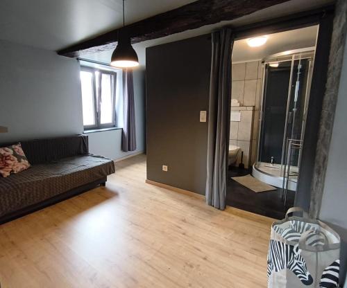a living room with a couch and a bathroom at Le petit Broux in Aywaille