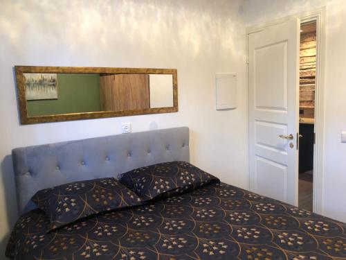 a bedroom with a bed with a mirror on the wall at Rohu Külaliskorter vanalinnas in Kuressaare