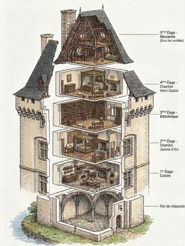 an illustration of a medieval house with its parts at Donjon de Saintines - gîte 6 adultes 3 enfants - monument historique in Saintines