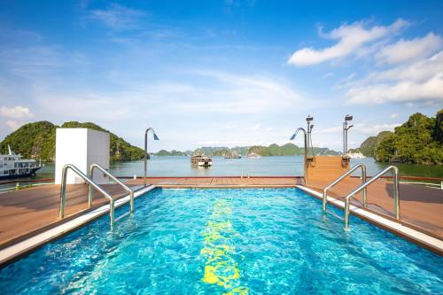 a pool on the deck of a boat on the water at Aqua of the Seas Cruise in Ha Long