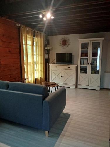 a living room with a blue couch and a tv at Chalet Borce 64 in Borce