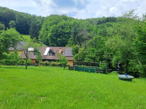 a house in the middle of a grassy field at Das Altsteirische Landhaus - La Maison de Pronegg - Feriendomizil im Biosphärenpark Wienerwald in Pressbaum