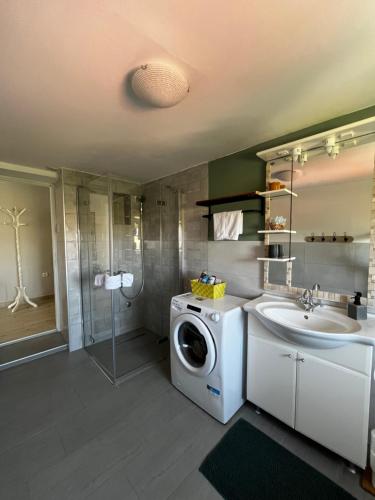 a bathroom with a washing machine and a sink at Charming apartment piccolo paradiso in Vlašići
