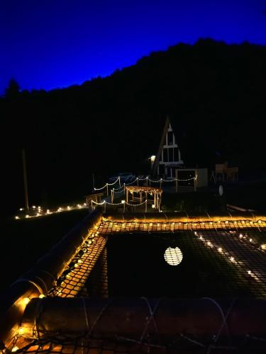 a house with lights on the roof at night at Cabana KayLuna in Mătişeşti