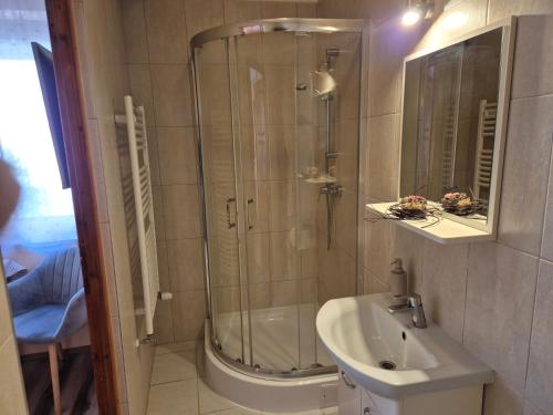 a bathroom with a shower and a sink at Diófa Vendégház in Eger