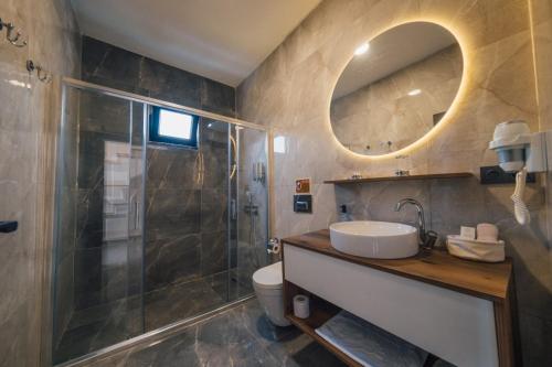 a bathroom with a sink and a shower and a mirror at Nish Vadi Villas in Sapanca