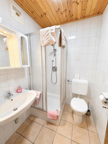a bathroom with a shower and a toilet and a sink at Feistritzer in Seeboden