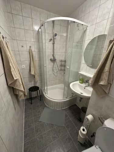 a bathroom with a shower and a tub and a sink at Apartmán Volary in Volary
