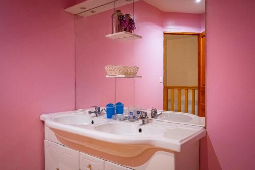 a bathroom with a sink and a pink wall at gite les ducs in Mialanes