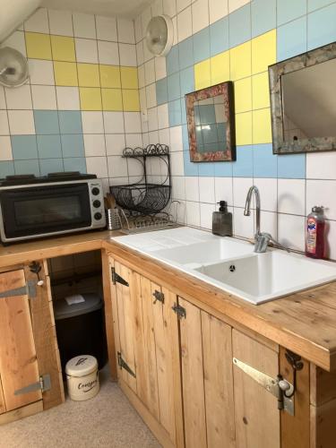 a kitchen with a sink and a microwave at Gîte Béthel in Lachamp-Raphaël