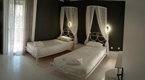 two beds in a room with two windows at Iris Villa in Apolpaina
