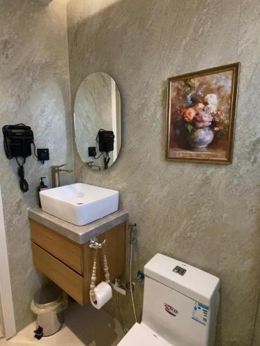 a bathroom with a sink and a mirror and a toilet at Modern 2BR Apartment in Khafji in Khafji