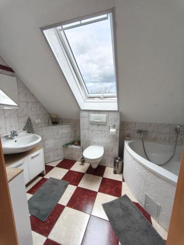 a bathroom with a skylight and a toilet and a sink at Ferienwohnung mit Elbwiesenblick in Lutherstadt Wittenberg