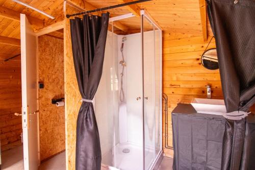a bathroom with a shower and a glass door at Aux étangs in Brutelles
