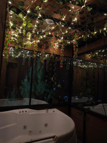 a bathroom with a tub and christmas lights on the ceiling at Glamping Centauro in Tota
