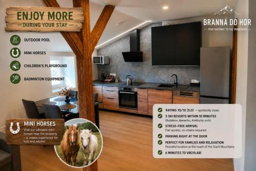 a sign for a kitchen with a house with a horse at Apartmány Branná hodnocení 10 Wellness Vleky 5 min in Horní Branná