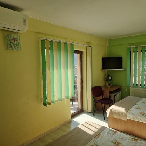 a bedroom with green walls and a bed and a window at Pensiunea Esential in Ocnele Mari