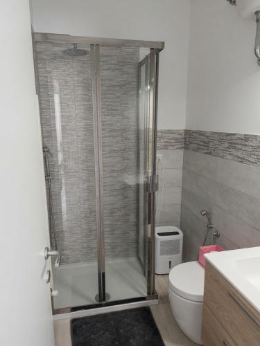 a bathroom with a shower with a toilet and a sink at Casa Paloma Free Parking in Bolsena