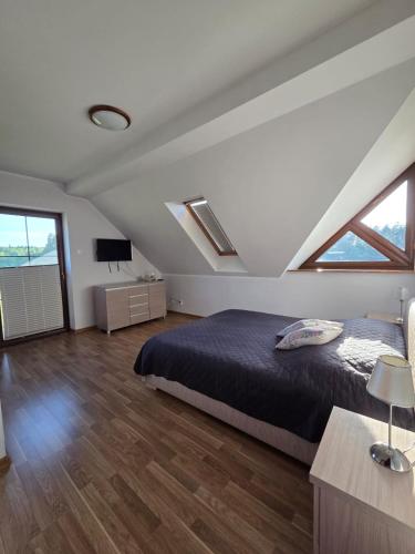 a bedroom with a bed and some windows at Agroturystyka u Kasi in Suryty