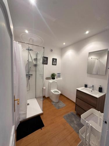 a bathroom with a shower and a toilet and a sink at Cyclolodge in Altea