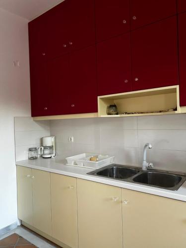 a kitchen with red cabinets and a sink at Almyra Seaside Apartments in Elia Laconias