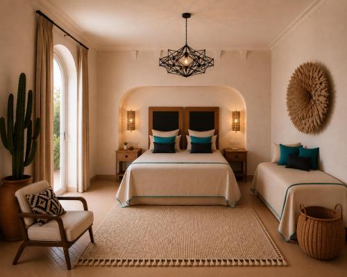 a bedroom with two beds and a chair at Riad Sesame in Marrakesh