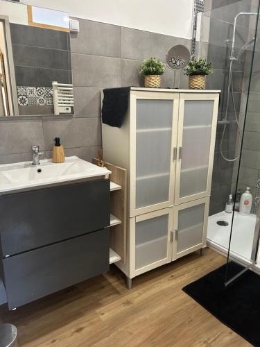 a bathroom with a sink and a cabinet and a shower at Moulin de brezal à 20 minute de la mer in Plounéventer